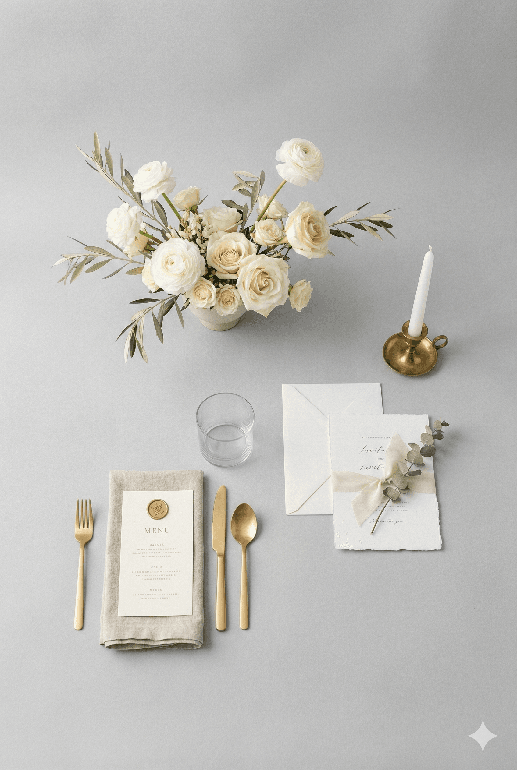 Perencanaan pernikahan flat lay dengan bunga, menu, dan undangan